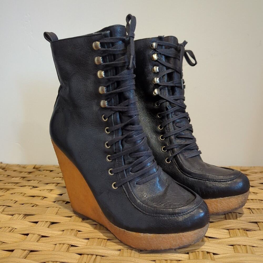 Steven By Steve Madden Black Leather Lace Up Wedge Boots Size 8